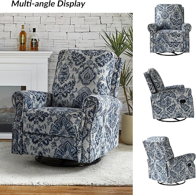 HULALA HOME Rocker Recliner Set of 2, Modern Printed Fabric Swivel Glider with Adjustable Backrest & Footrest, Upholstered Manual Recliner Chair Home Theater Singe Sofa for Living Room Bedroom, DAMASK