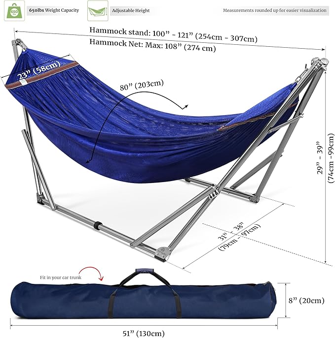 Tranquillo Double Hammock with Stand 650lb Capacity Double Hammock with Spreader Bar, Solid Grade 201 Stainless Steel 30s Set Up, Sturdy Flexible Hammock Stand Portable (Blue)