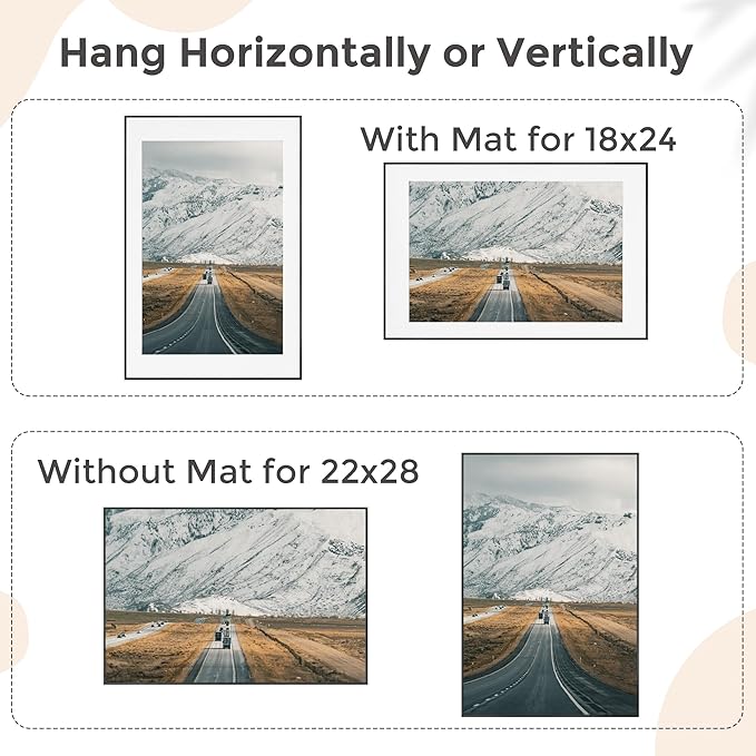 22x28 Metal Picture Frame For Wall With Mat For 18x24, 22''x28'' Aluminum Photo Frames With Tempered Glass, Minimalist Modern Poster Frame Horizontal And Vertical Formats, Black