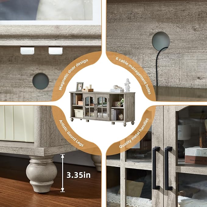 Farmhouse TV Stand for 60 Inch TV, Wood Entertainment Center with Glass Door Storage Cabinet & Adjustable Shelves,Television Stands for 65" TVS, Grey TV Console Table for Living Room,Bedroom