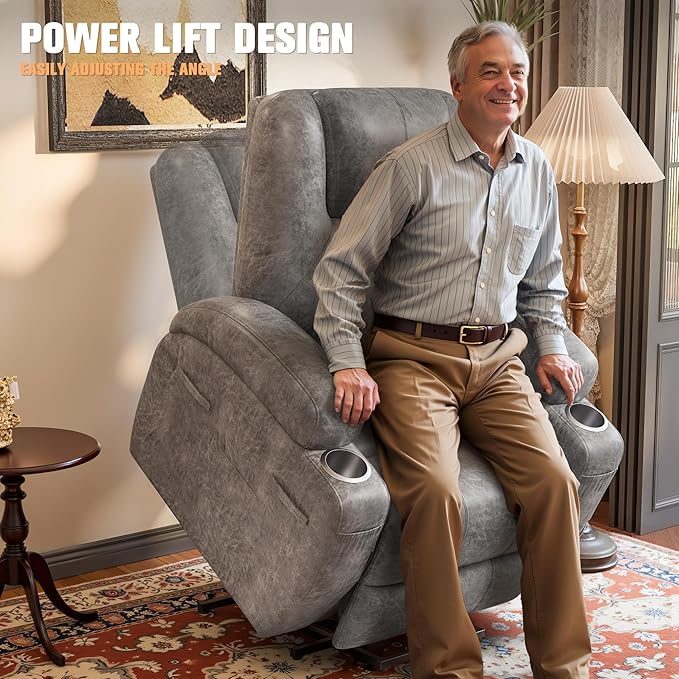 Flamaker Power Lift Chair with Vibration Massage Luxurious Leathaire Fabric Electric Lift Recliner for Elderly Power Lift Recliner Chair with Cup Holders Side Pockets for Living Room (Light Gray)