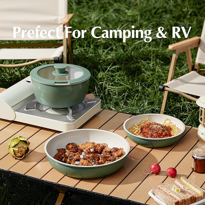 Redchef Ceramic Cookware Set, Removable Handle Pots and Pans Non-Stick, Rv Cookware Set, Non-Toxic Pots and Pans Set No PFAS, PTFE, PFOA, Detachable Pots and Pans, Dishwasher & Oven Safe (Green)