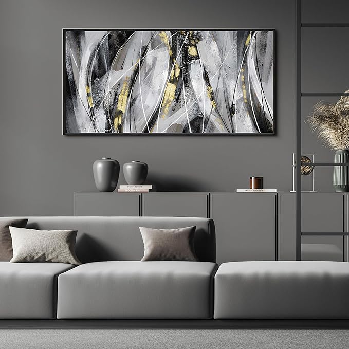 KLAKLA Abstract Frame Wall Art - Black and White Picture for Living Room Black and Gold Framed Artwork Canvas Art Work for Office Home Decor Bedroom Wall Decoration - 40x20 Inches