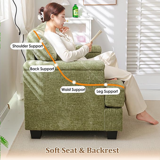 Oversized Accent Chair with Armrest Storage,38”W Big Armchair with 7.8'' Thick Cushion,Deep Seat,Large Comfy Reading Chair, Living Room Chairs,Sofa Chair for Bedroom,Chenille,Green