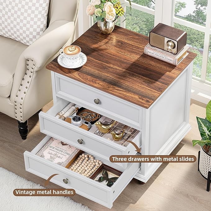 24" Wide Farmhouse Night Stand Set of 2,Large End Table with 3 Drawers & Metal Handle,White Wood Dresser for Bedroom, Bed Side Table Chest of Drawers Cabinet, Nightstand for Living Room,Closet