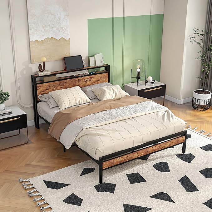 Queen Bed Frame with Storage Headboard/Charging Station,Metal Queen Size Bed Frame with Power Outlets/USB Ports No Box Spring Needed,Under Bed Storage,Easy Assembly,Rustic Brown