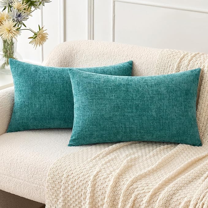 MIULEE Pack of 2 Couch Throw Pillow Covers 12x20 Inch Soft Teal Chenille Pillow Covers for Sofa Living Room Solid Dyed Pillow Cases