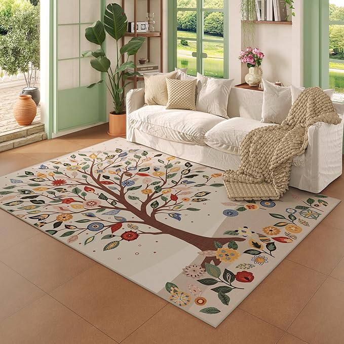 Area Rug 4x6 Rug Washable Bohemian Rugs Non Slip Low Pile Floral Tree Small Carpet for Bedroom, Bedside, Kids Room, Office, Dining Room, Beige
