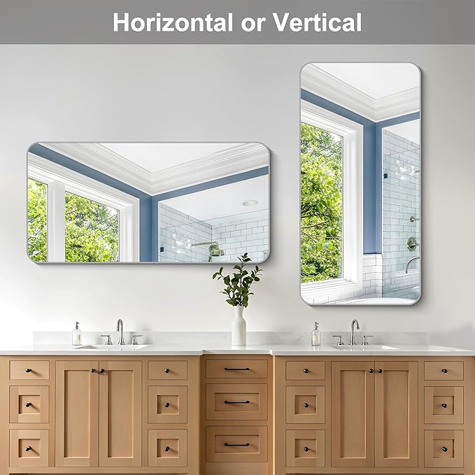48x24 Inch Silver Bathroom Mirror, Metal Framed Silver Rectangle Mirror, Rounded Rectangular Vanity Mirror, Wall Mounted Mirrors for Living Room Bedroom Entryway Hangs Horizontal or Vertical