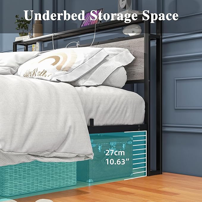 Queen Bed Frame with Storage Headboard/Power Outlets/USB Ports Charging Station,Metal Bed Frame Queen Size No Box Spring Needed,Under Bed Storage,Easy Assembly,Warm Grey