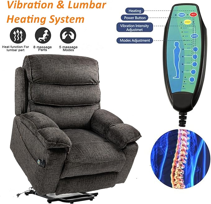 Oversized Lift Recliner with Extended Footrest for Seniors, Heavy Duty Recliners with Heat Massage, Extra Wide Seat, Arm Storage & Cup Holders, Lay Flat 160° for Elderly Big Tall Man 400lb