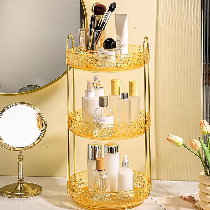 Fangoo 3 Tiers Gold Rotating Makeup Organizer for Vanity, 360 Spinning Skincare Organizers for Dresser Perfume Organizer Large Skincare Make Up Storage Cosmetic Organizer for Bathroom Countertop