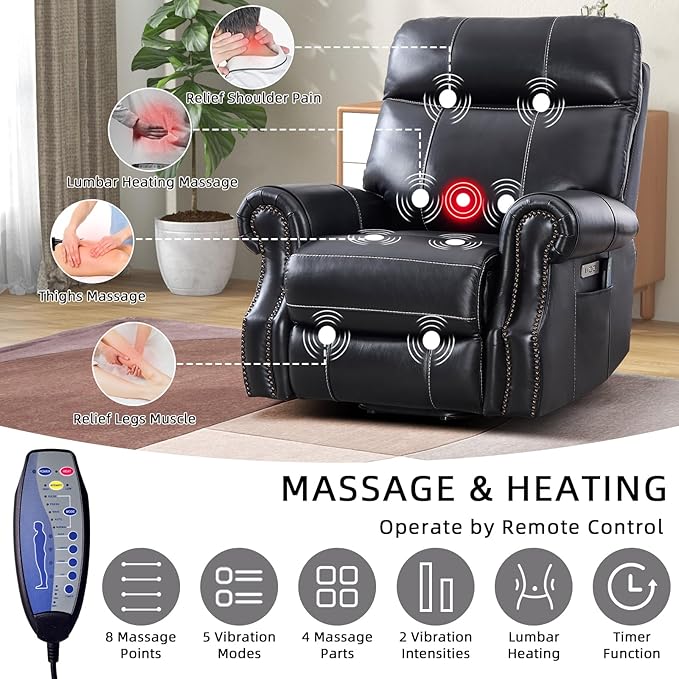 Phoenix Home Genuine Leather Power Lift Recliner Chair for Elderly with Massage and Heating, Electric Recliner for Seniors with Extended Footrest, Type-C and USB Port, Side Pocket, Black