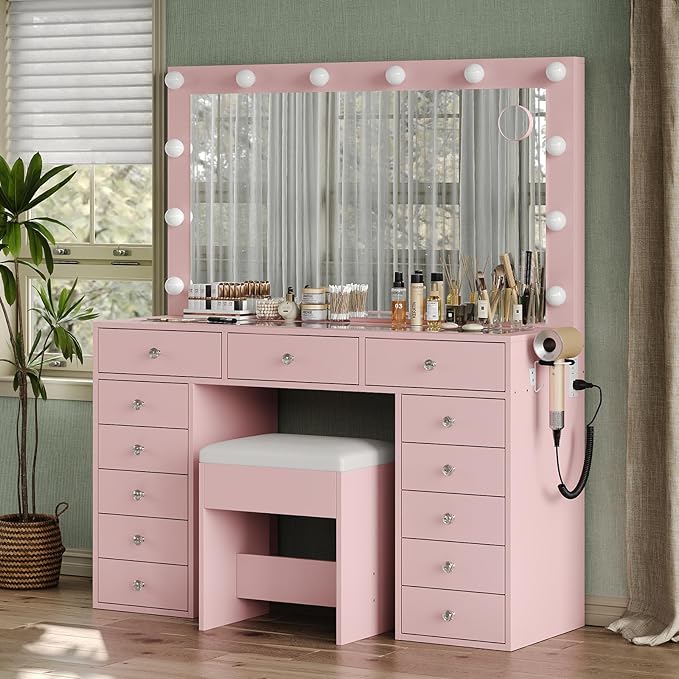 Vanity Desk with Mirror and Lights, 13 Drawers Makeup Vanity with Glass Top, 3 Color Lighting Modes, Makeup Vanity with Chair for Bedroom (Pink)