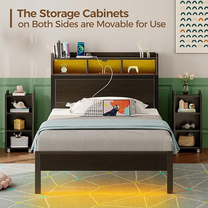 Rolanstar Bed Frame Twin Size with Bookcase Storage Headboard, Slide Out Bedside Storage, Bed with Charging Station & LED Lights, Heavy Duty Metal Slats, No Box Spring Needed, Noise Free, Black