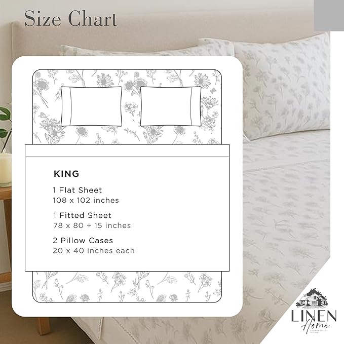 Linen Home 100% Cotton Printed Percale Sheets King Size, Deep Pocket, 4 Pieces Set - 1 Flat, 1 Deep Pocket Fitted Sheet and 2 Pillowcases, Crisp Cool and Strong Bed Linen, Grey Botanical Floral