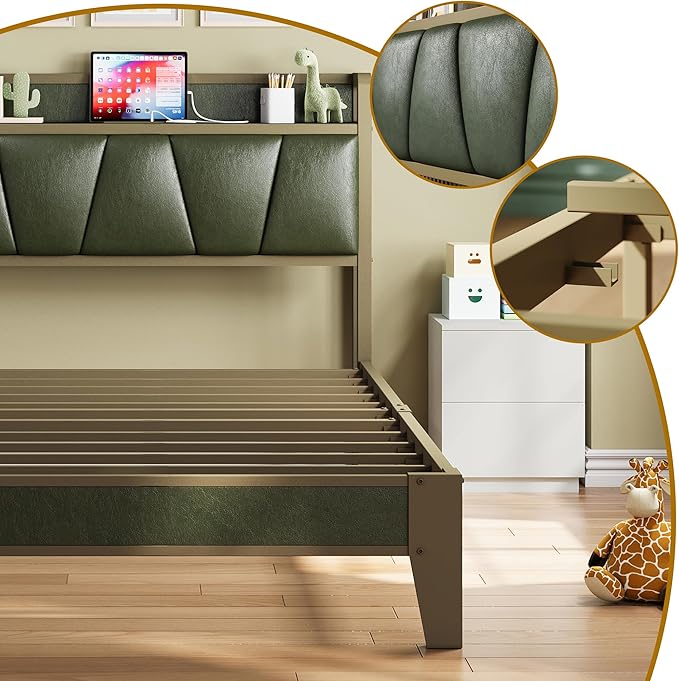 LIKIMIO Twin Bed Frame, Storage Headboard with Charging Station, Solid and Stable, Noise Free, No Box Spring Needed, Easy Assembly (Dark Green)