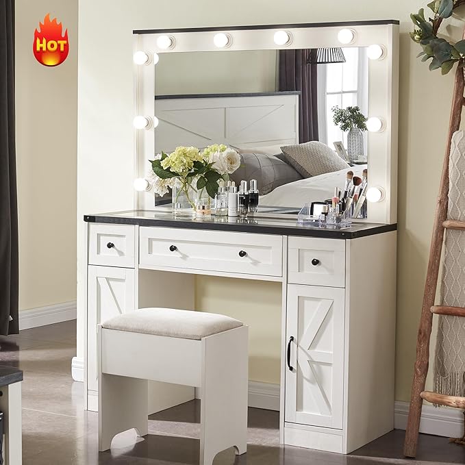 JXQTLINGMU Farmhouse Vanity Desk with Hollywood Makeup Mirror - Ample Storage Space with 3 Drawers & 2 Cabinets - Detachable Light Bulbs, Stool Included, Bedroom, White