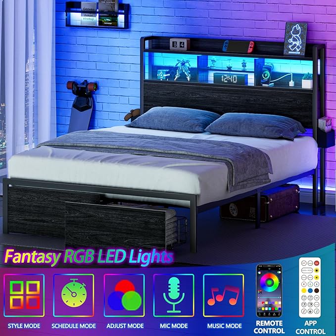 Furnulem Full Size Bed Frame with Wood Headboard, Metal Platform Bed Frame Full Size with 2 Storage Drawers and Shelf, LED Lights and Charging Station, No Box Spring Needed, Noise Free, Black