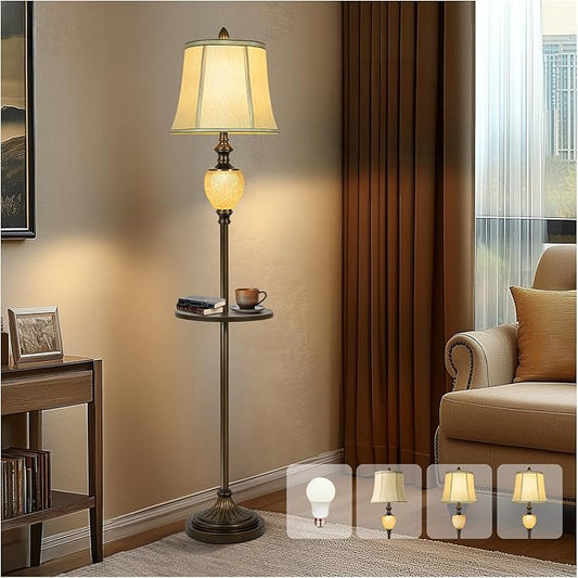 64" Vintage Floor Lamp for Living Room with Tray and Nightlight Farmhouse Tall Standing Lamp with Beige Faux Silk Shade Rustic Reading Lamp Decor for Bedroom Home Office Hotel Bar (Bulb Included)