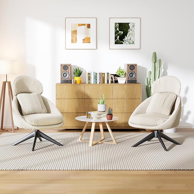 Furniliving Modern Accent Chair Upholstered Swivel Desk Chair for Living Room, Sofa Chair for Bedroom Armchair Side Chair with Headrest Bedroom Chair with Pillow Comfy Corduroy Chairs, Beige