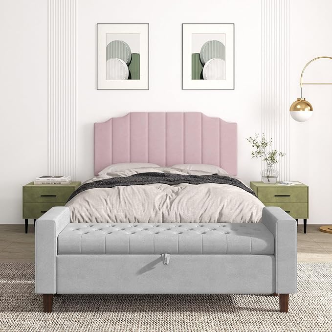 Queen Size Headboard Only, Velvet Wall Mounted Headboard Queen/Full Size for Adjustable Bed, Modern Vertical Channel Design with Curved Tufted Upholstered Head Board, Pink