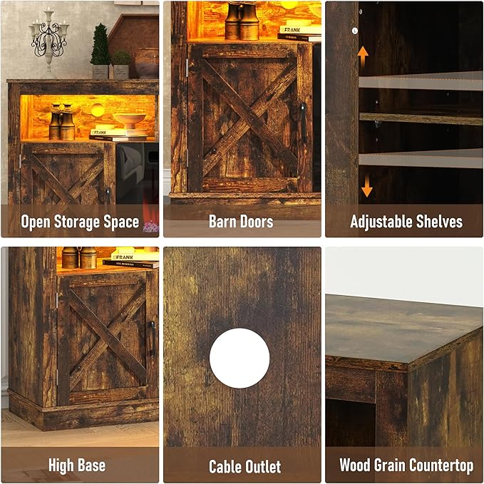 Farmhouse TV Stand with 36" Fireplace for 80" TV, 70" Entertainment Center with Barn Doors and LED Light, Tall Fireplace TV Stands for Living Room, Rustic Brown