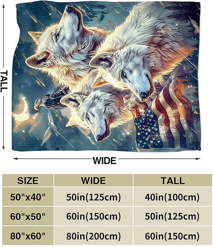 American Wolf Blanket Wolf and Eagle Throw Blanket Wolf Gifts and Decor American Flag Wolf Blanket for Women Men Girls Boys Soft Warm Cozy Fleece Blanket for Couch Sofa Bed 80"x60"