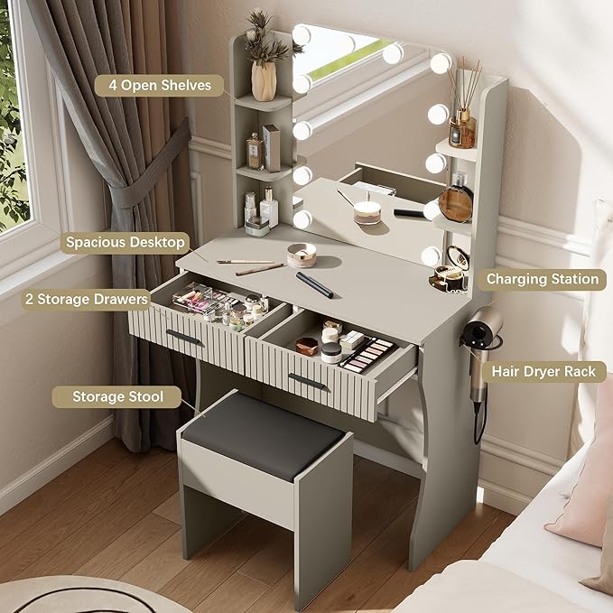Small Vanity Desk with Mirror and Lights, Makeup Vanity Desk with 3 Color Modes Adjustable Bulb, 2 Large Drawers and 4 Open Storage Shelves, Gray Vanity with Charging Station for Bedroom