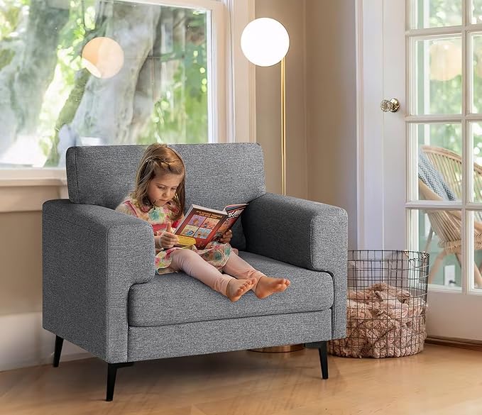 CDCASA Accent Chair, Linen Fabric Oversized Mid Century Modern Chair Set of 2, Comfy Upholstered Armchair Reading Accent Chairs Sofa Chairs for Bedroom Living Room, Dark Grey