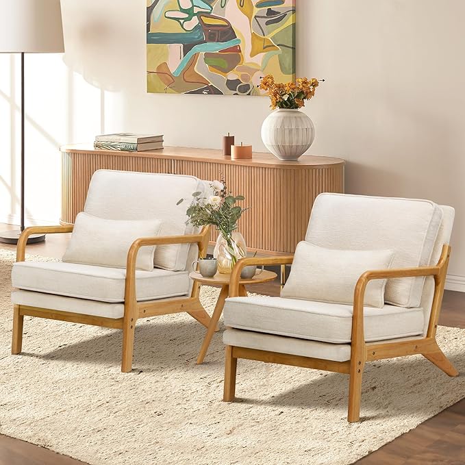 COLAMY Mid Century Modern Accent Chair Set of 2 with Lumbar Pillow, Relaxing Armchair with Solid Wood Frame & Soft Cushion, Reading Leisure Chair for Living Room（Beige）
