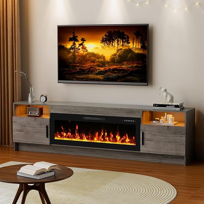 80'' TV Stand with 42''Fireplace-Grey Entertainment Center for 90 inch TV- TV Cabinet with LED Light, Storage, High Glossy Door, Rustic TV Console for Living Room