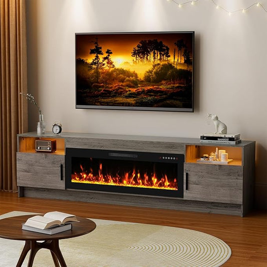 80'' TV Stand with 42''Fireplace-Grey Entertainment Center for 90 inch TV- TV Cabinet with LED Light, Storage, High Glossy Door, Rustic TV Console for Living Room