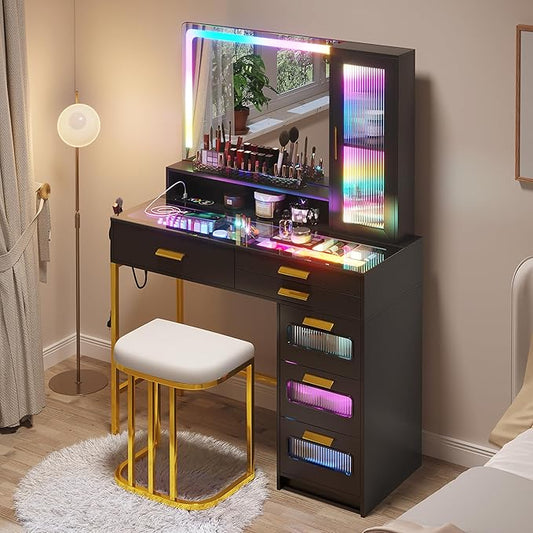 HENBC Vanity with Mirror and LED Lights, Glass Top Vanity Desk with Charging Station(Wireless+USB+Type-C), RGB Makeup Table Set with Stool/Makeup Organizer/6 Drawers for Bedroom,Black
