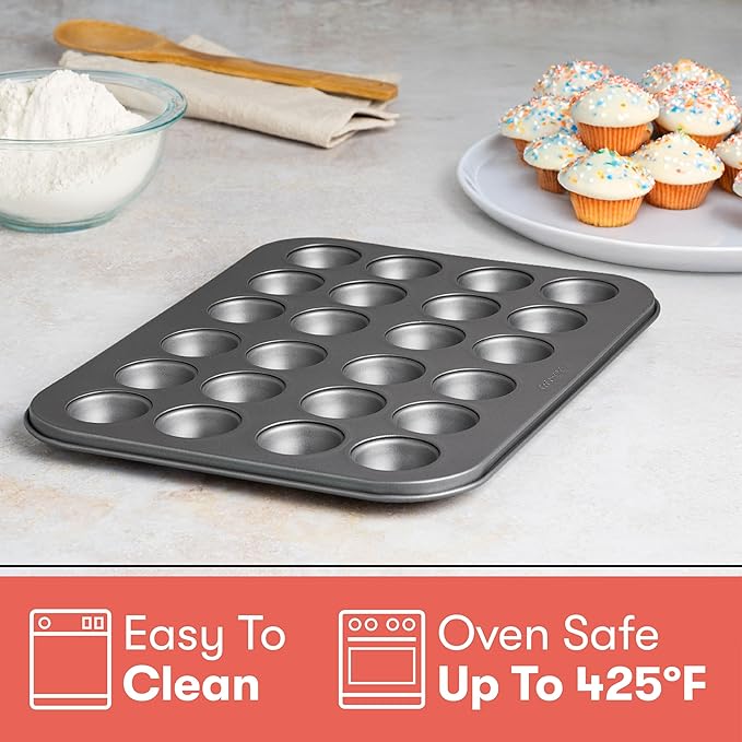 Cooking Light Mini Muffin Pan Carbon Steel Quick Release Coating, Non-Stick Bakeware, Heavy Duty Performance, 24-Cup, Gray