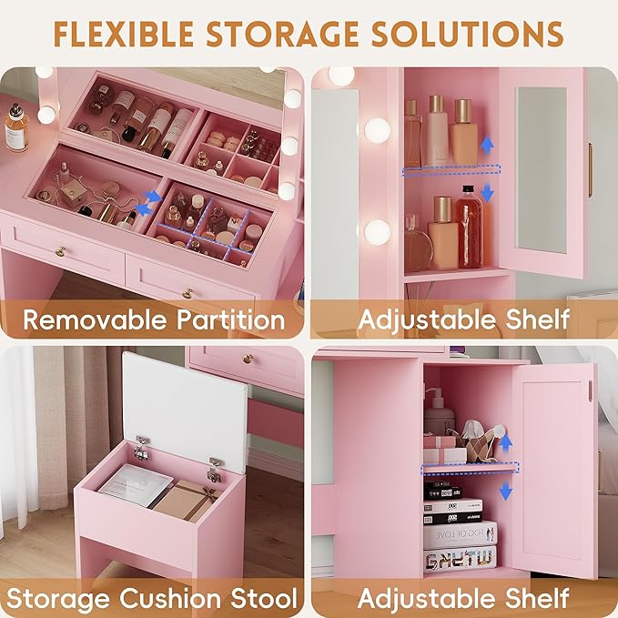 Makeup Vanity Desk with Mirror and Lights, Pink Vanity Table with LED Lighted Mirror & Power Outlet, Dressing Table with Chair, Large Storage Drawer & Cabinet, and Foldable Panel for Girls’ Bedroom