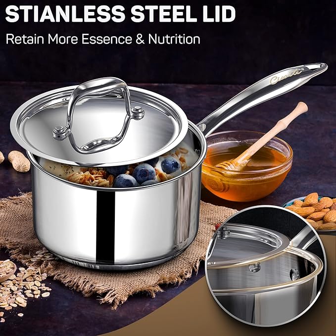 2 Quart Sauce Pan with Lid, Tri Ply Stainless Steel Saucepan 2 Qt with Stainless Steel Lid, 2 Measuring Lines, Upgraded Packaging, Cool Ergonomic Handle, Dishwasher & Oven Safe