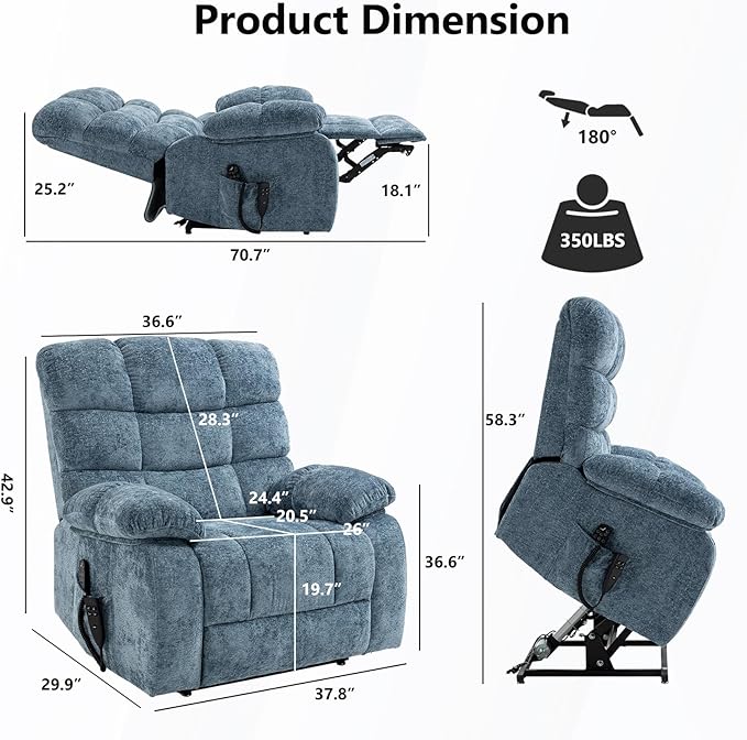Lay Flat Recliner with Vibration Massage and Lumbar Heating, 26'' Wide Chair with Infinite Position and 2 Remote Controls, Soft Chenille Lift for Living Room, Grayish Blue