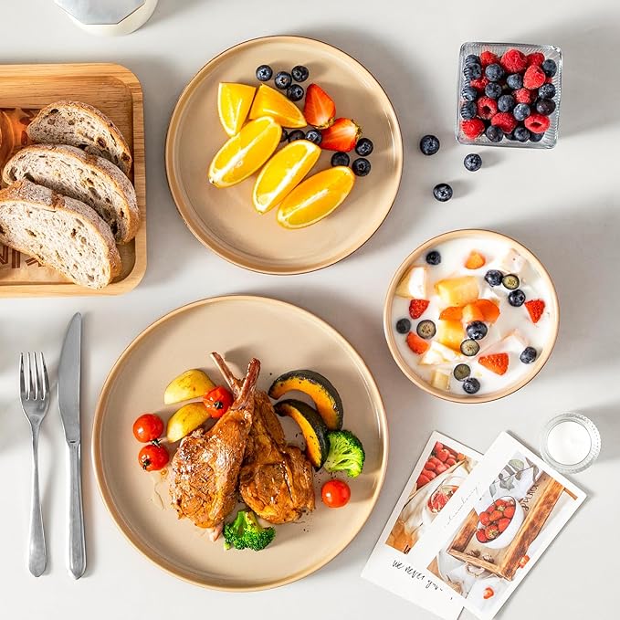 vancasso ONION Ceramic Plates and Bowls Sets, 24 Pieces Brown Dinnerware Sets for Kitchen, Reactive Glaze Dishes Set for 8, Dishwasher and Microwave Safe