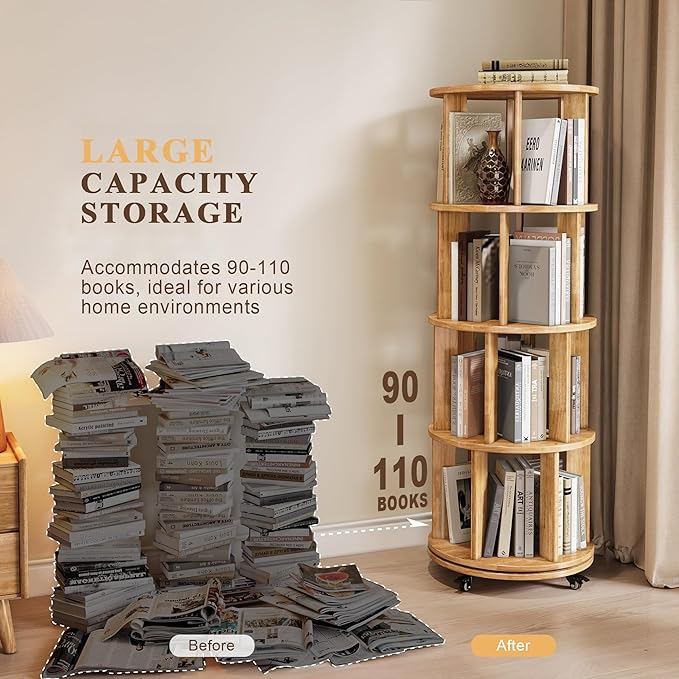 4-Tier Rotating Bookshelf, 360° Spinning Stackable Bookcase, Freestanding Bookshelf for Home Office Study Room Bedroom Living Room