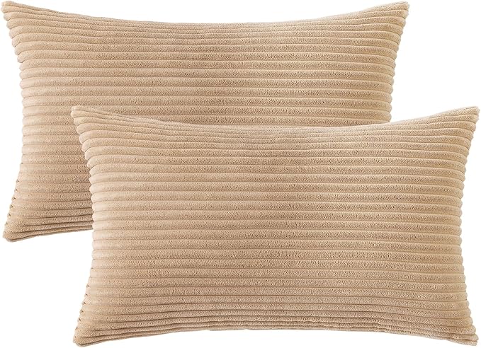 Mecatny Corduroy Decorative Throw Pillow Covers 12x20 Set of 2 for Sofa Living Room, Soft Neutral Boho Couch Pillow Covers for Home Decor, Khaki