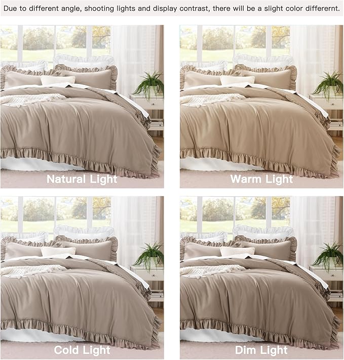 Litanika Light Coffee Full Size Comforter Sets, 3 Pieces Ruffle Farmhouse Aesthetic Bedding Comforter Sets, All Season Soft Lightweight Fluffy Microfiber Bed Set(79x90In Comforter, 2 Pillowcases)