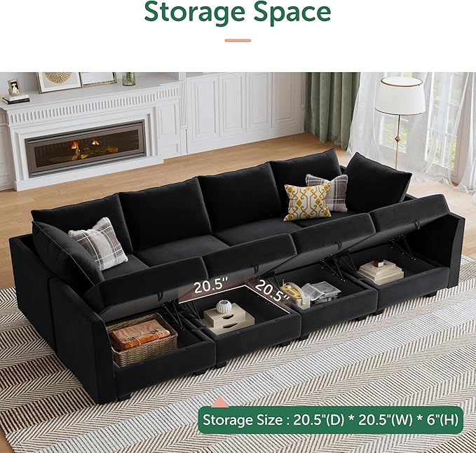 HONBAY Modular Sectional Sofa Velvet Sleeper Couch with Storage Seats Oversized Sectional Couches for Living Room,Black