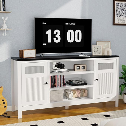 Tv Stand for Living Room: 63" Tv Entertainment Center with Storage, White Media Console Cabinet with 2 Doors, Suitable for 50-70 Inch Television（White）