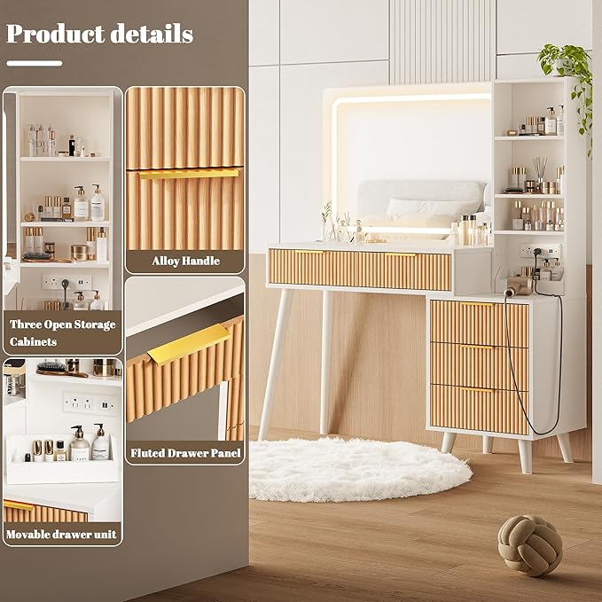 44" Vanity Desk with Mirror and Lights, Makeup Vanity Desk with Power Outlet, Makeup Desk with 5 Drawers&Storage Shelves, Vanity Table 3 Color Adjustable Brightness Dressing Table Set for Bedroom