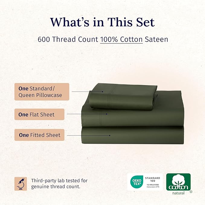 California Design Den 100% Cotton Twin Sheets Set - Luxury 600 Thread Count, Sateen Weave, Deep Pocket Twin Bed Sheets Cotton Set, Hotel Quality Bedding - Olive Green