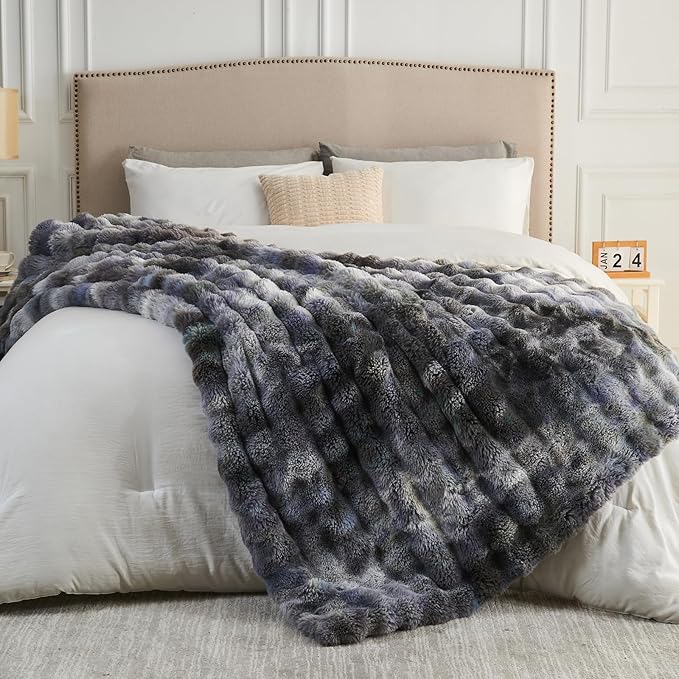 NEWCOSPLAY Faux Fur Twin Blanket Tie-dye Grey Luxury Fluffy Thick Warm Bubble Blanket for Couch Sofa Bed 700GSM (Tie-dye Grey, Twin(60"x80"))