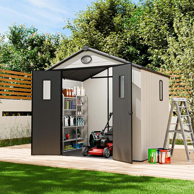 EAGLE PEAK 8x6 Resin Outdoor Storage Shed, Weatherproof Garden Shed with Floor & Lockable Doors, Tool & Equipment Storage for Backyard or Patio, White/Gray