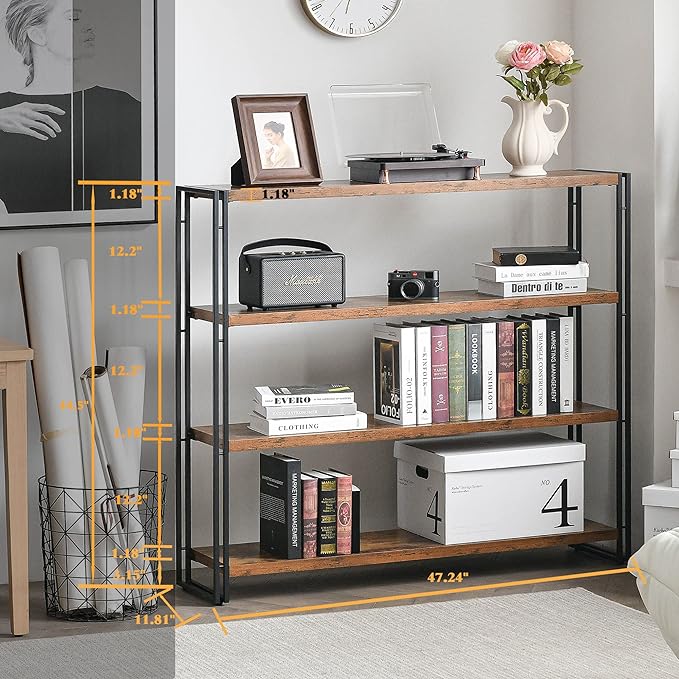 HCHQHS Bookshelf,4-Tier Industrial Bookcase,Rustic Wood and Metal Open Display Book Shelves Home Office,Bedroom Standing Shelf Unit,Horizontal Kitchen Shelf Organizer,Bathroom Storage Rack 47in