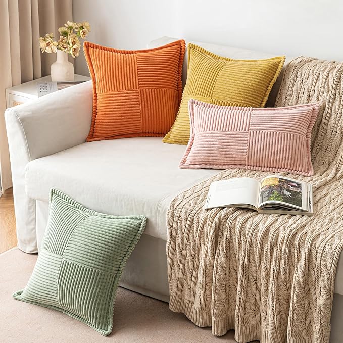 MIULEE Decorative Throw Pillow Covers for Couch Bed Livingroom 18x18 Inch Set of 2 Gold Boho Accent Throw Pllows Broadside Striped Patchwork Soft Corduroy Summer Pillowcases